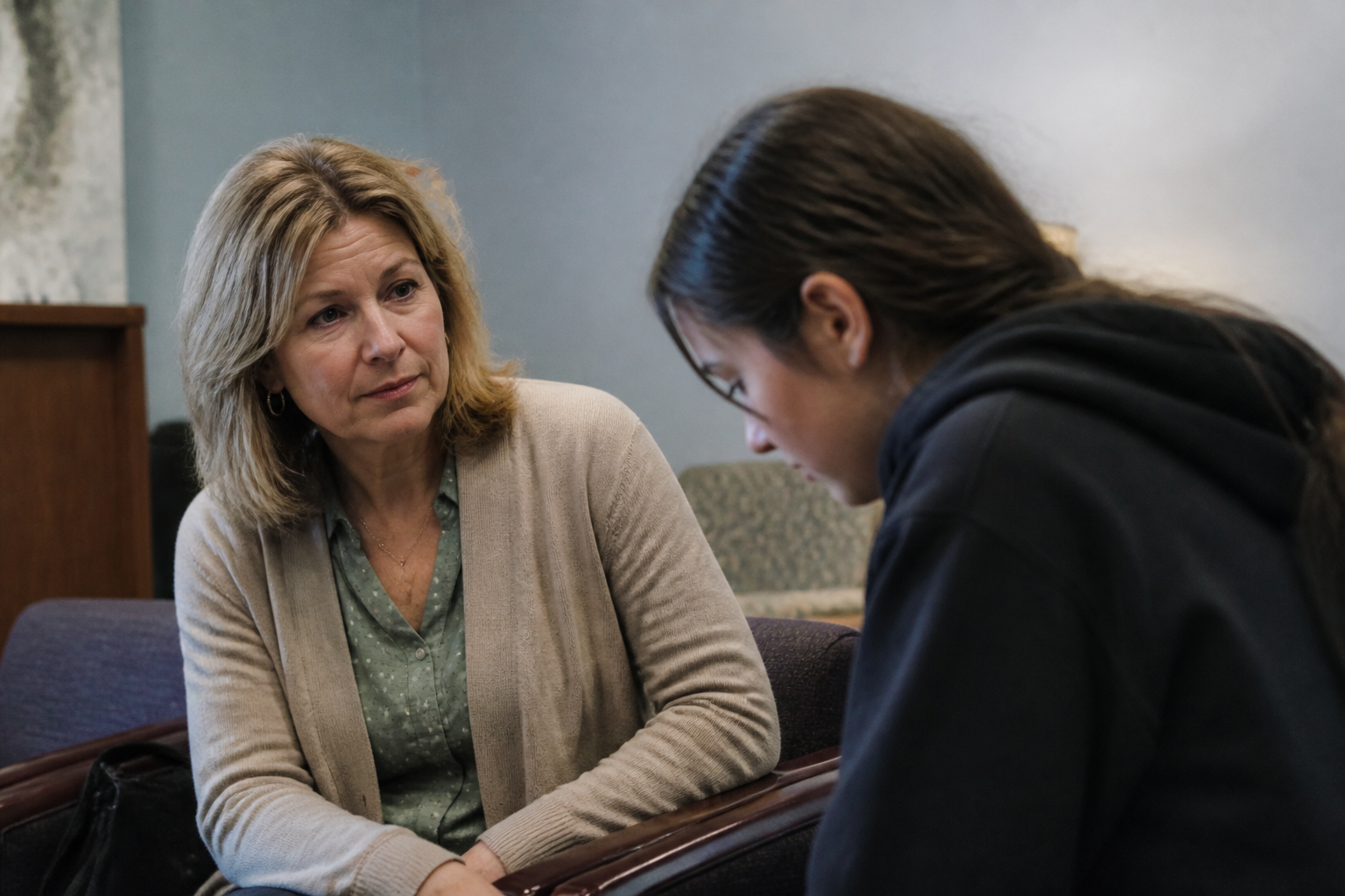 A CASA Volunteer Advocate sits with a teen in the Edward & Sally Malashock Visitation Room in Omaha.