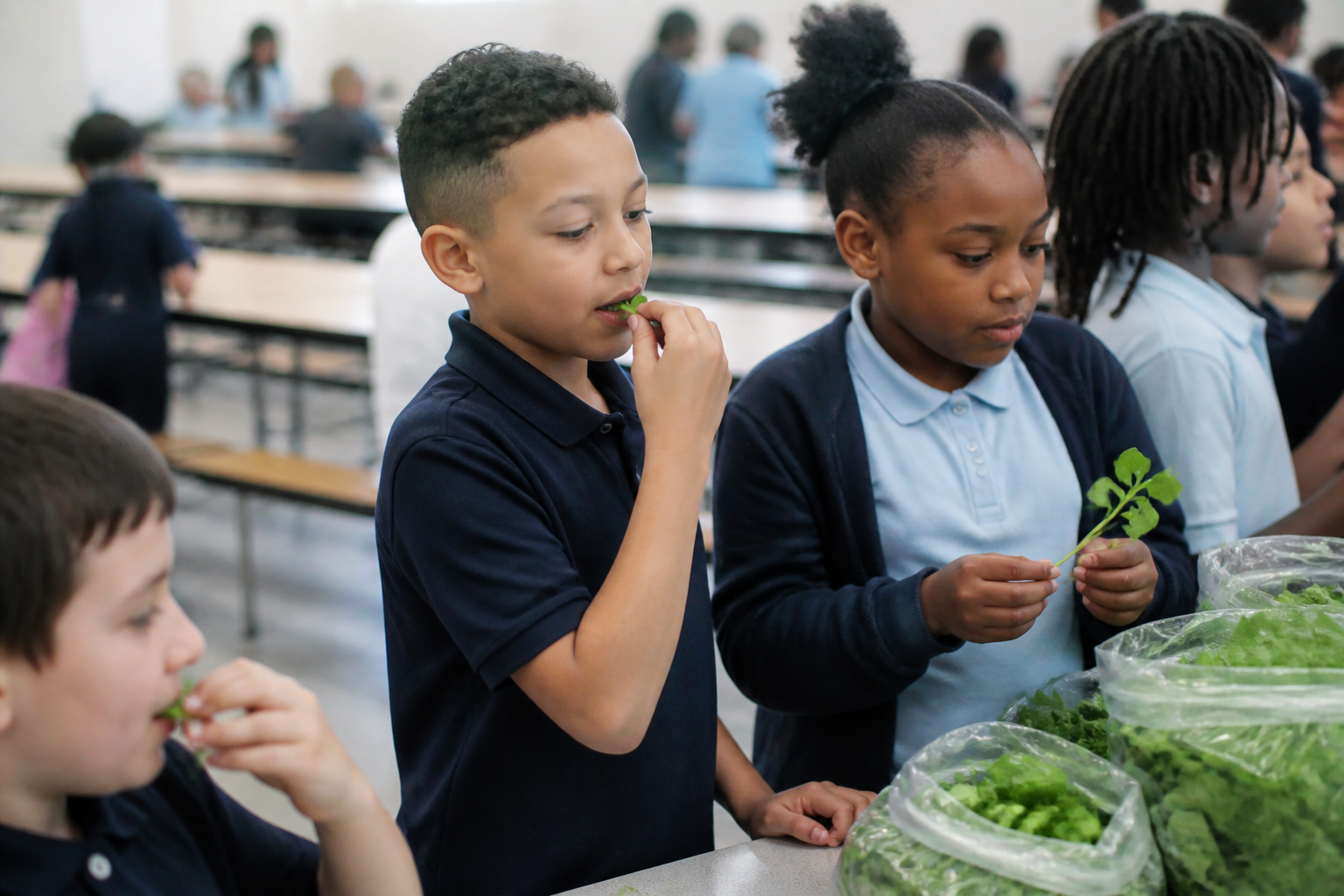 Students at Booker Elementary School taste spinach and arugula during a Las Vegas health charity program.