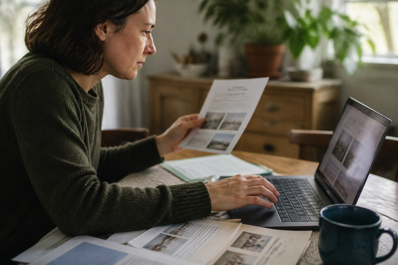 A donor uses a laptop to set up a crisis-relief fundraiser next to notes about monthly and stock gifts.