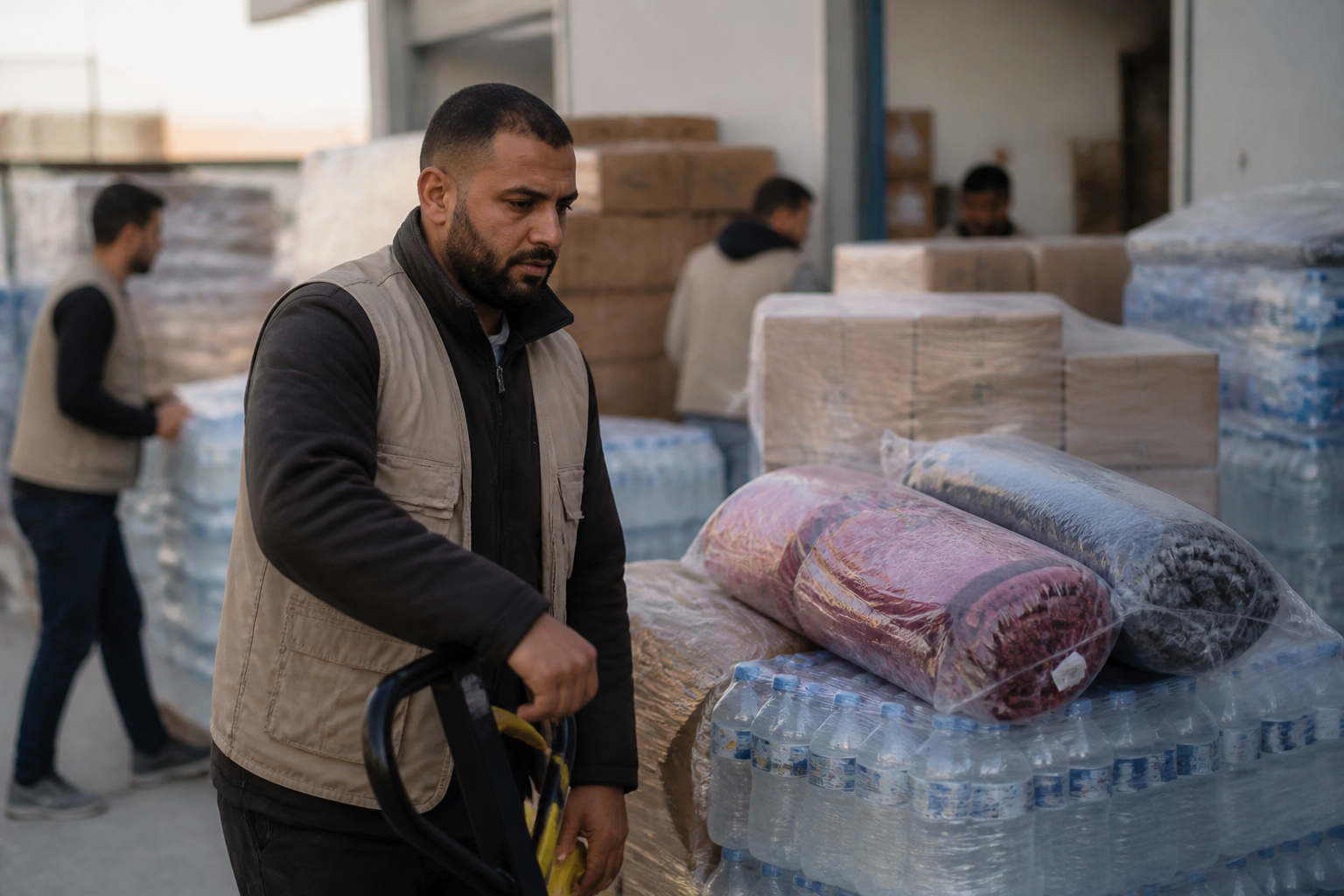 Labeled pallets of bottled water, food, blankets, and medical supplies are staged for Gaza and Lebanon.