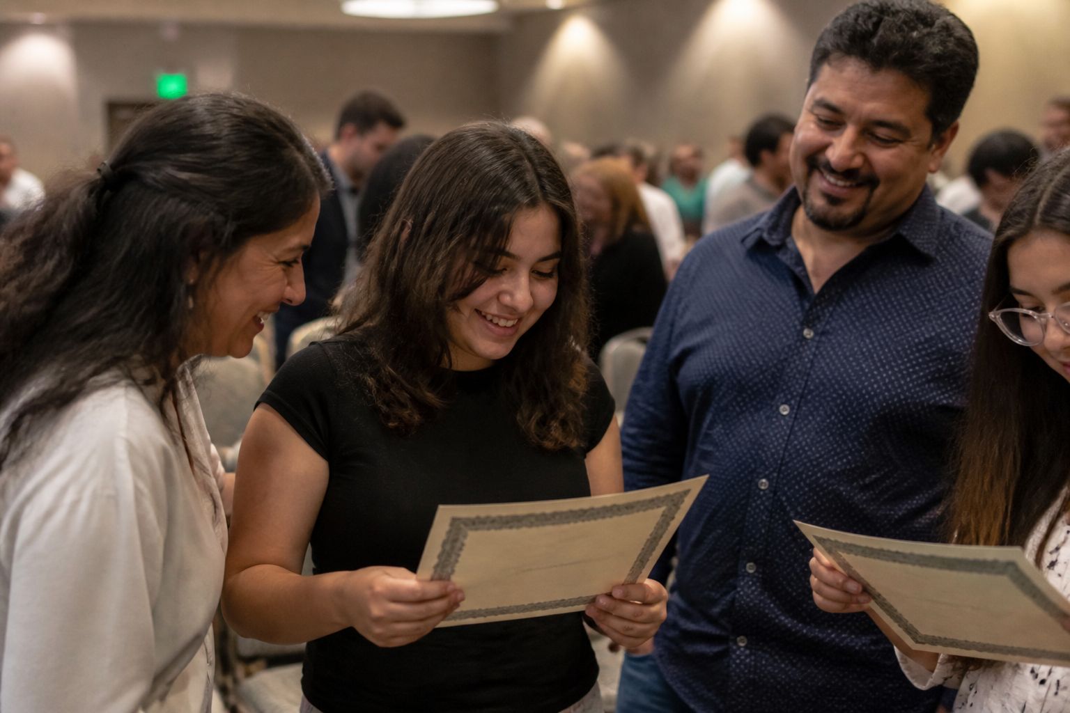 Teen winners and families at a ThinkWRITE showcase hold creative writing certificates during a Las Vegas youth arts reception.