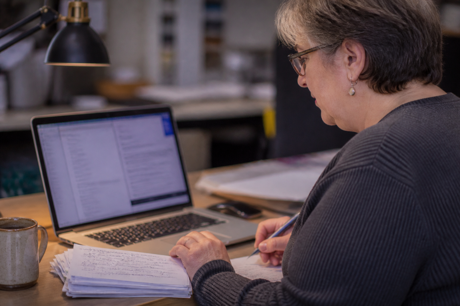 Volunteer judge reviews ThinkWRITE submissions on a laptop with handwritten feedback notes for teens.