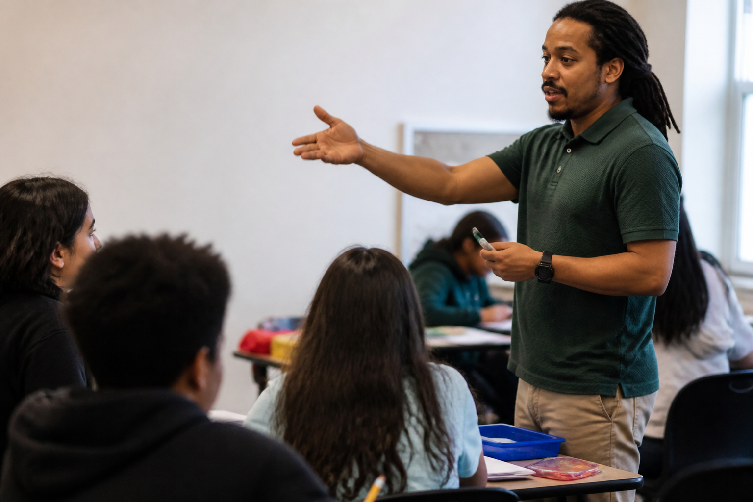A Breakthrough Houston teaching fellow leads a summer lesson with middle school students at Gregory Lincoln.