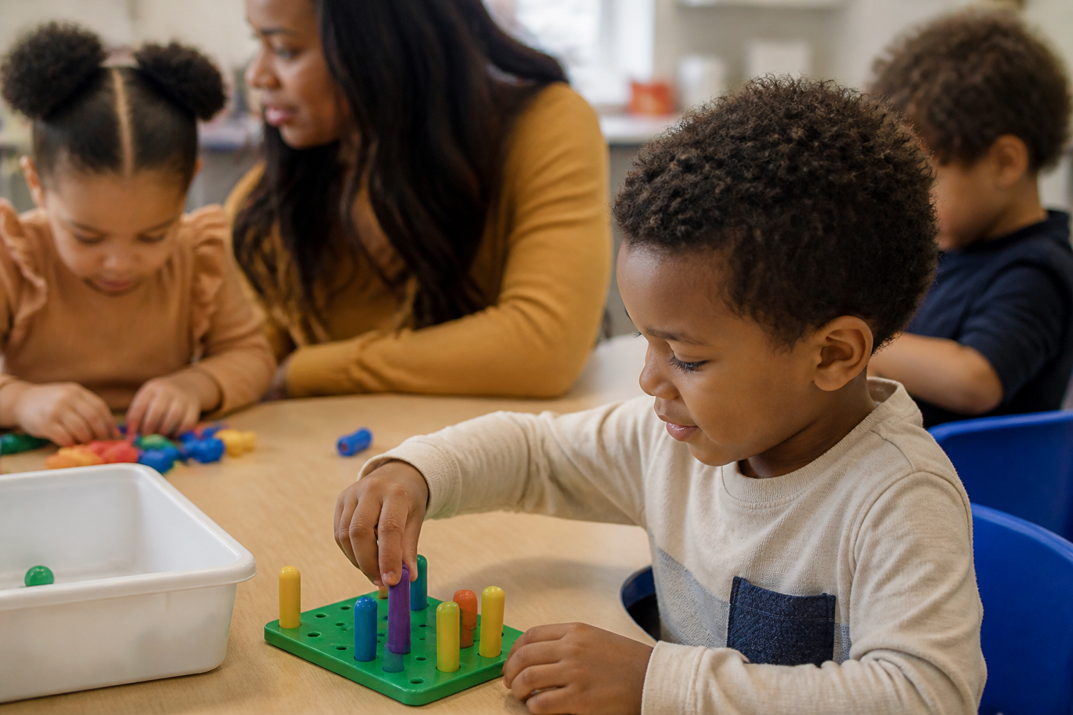 Nehemiah Center Pre-K children ages 3 to 5 complete school-readiness activities with a teacher.