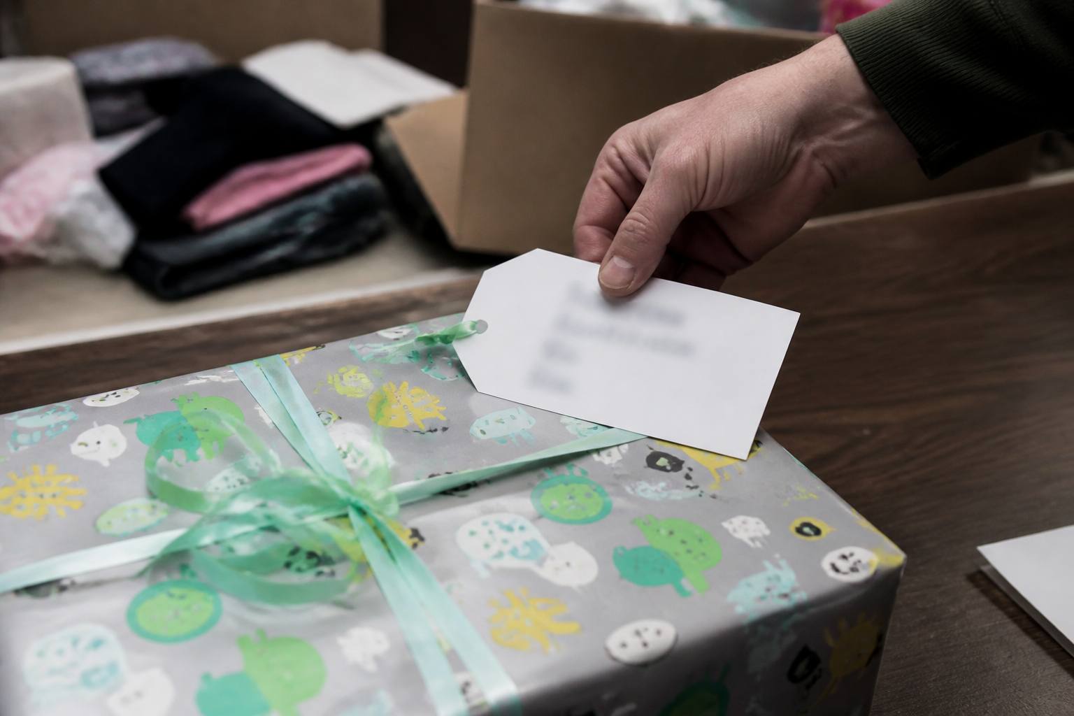 Wrapped Operation Santa Claus present for a Lincoln holiday toy drive with a child-specific request tag for agency distribution.