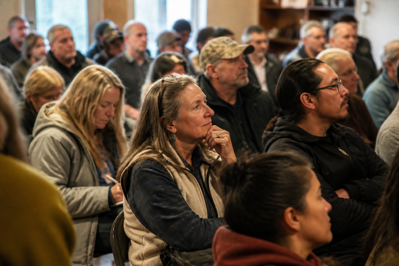 Neighbors sit in rows of chairs at a Missoula affordable housing event at the Burns Street Center.