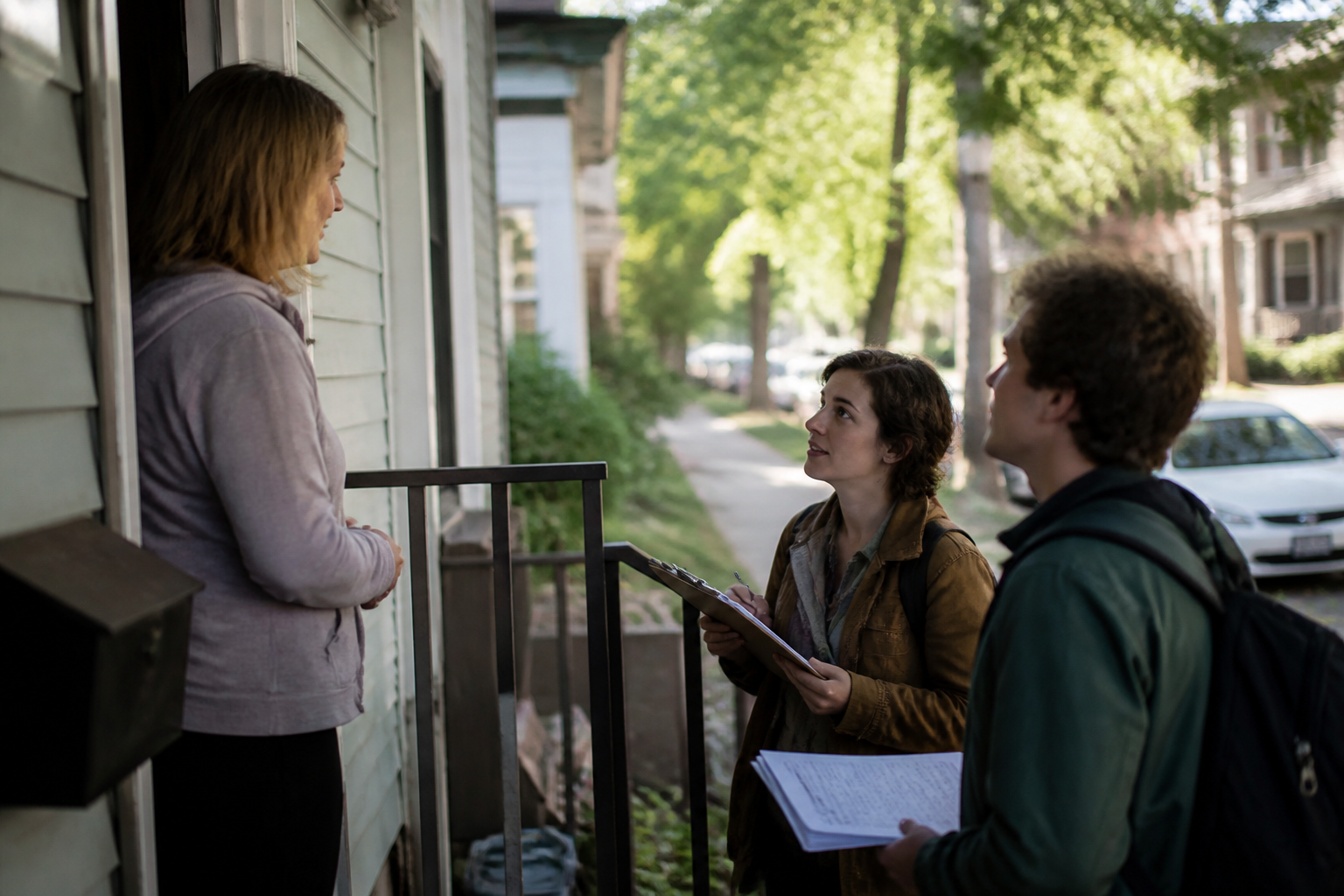Missoula Tenants Union canvassers knock on doors with clipboards for renter surveys in a neighborhood.