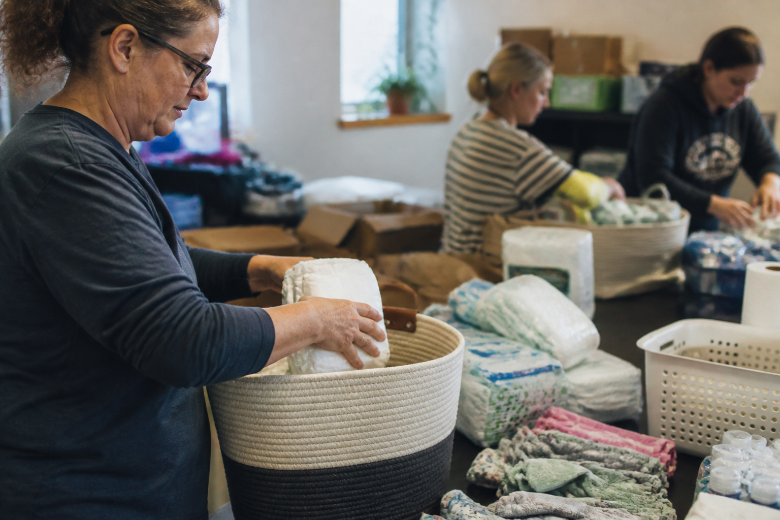 Volunteers assemble welcome baskets with diapers, wipes, and household supplies at the Meadowlark in Missoula.