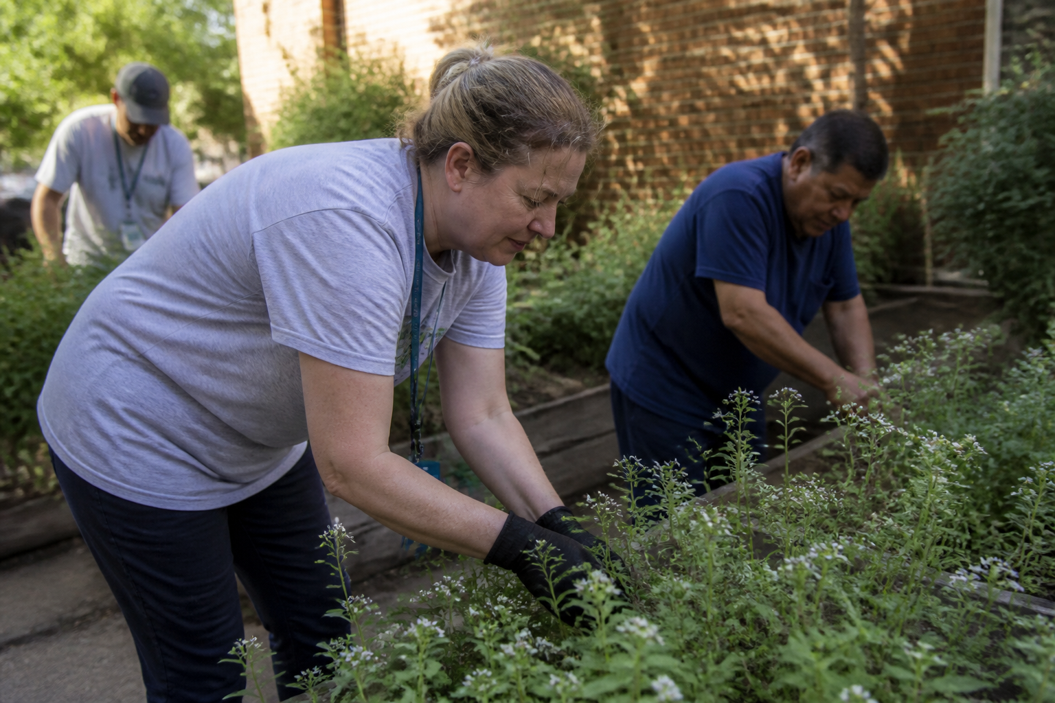 Hope Fort Bend members, volunteers, and staff work in the garden during a horticulture activity.