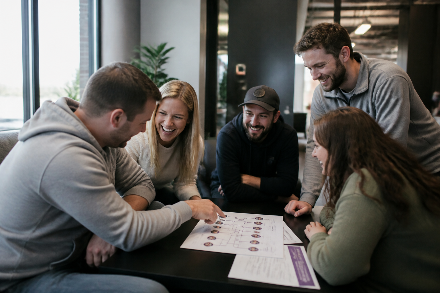 Five Omaha office Growers laugh while reviewing a fundraising bracket for Sexiest Company in America competition.