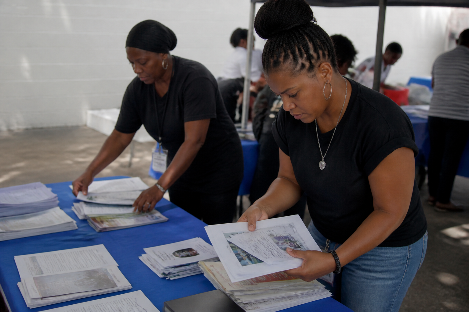 CARE-Dallas staff and volunteers organize outreach materials and training handouts at a Dallas event table.