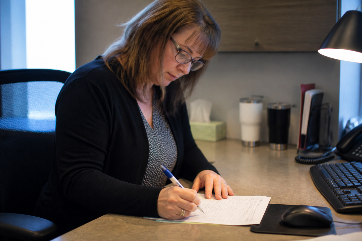 Employee marks a Give Nebraska payroll deduction form designating multiple member nonprofits in a Nebraska office.