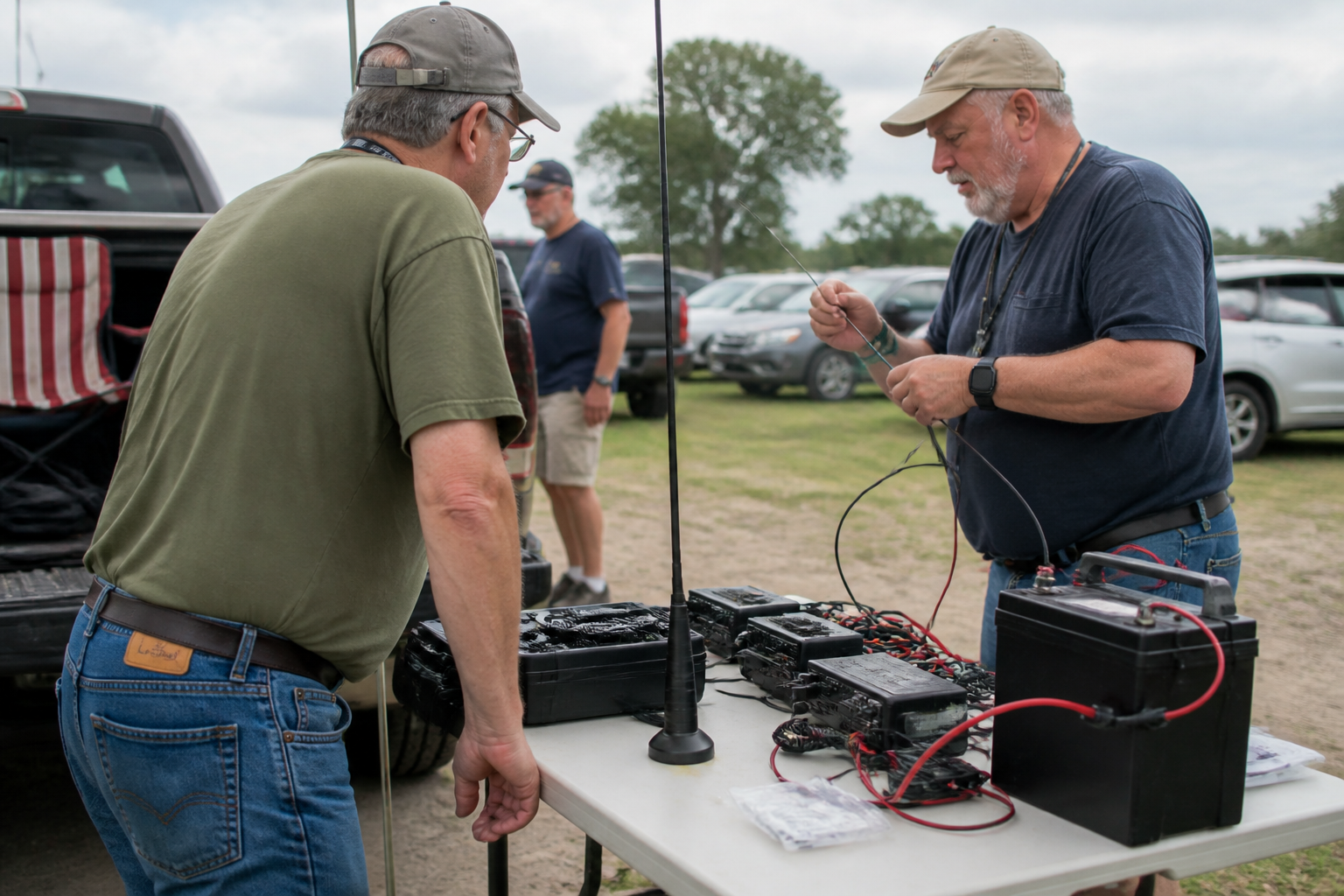 Amateur radio volunteers check antennas and portable radios before providing communications support at a community event.