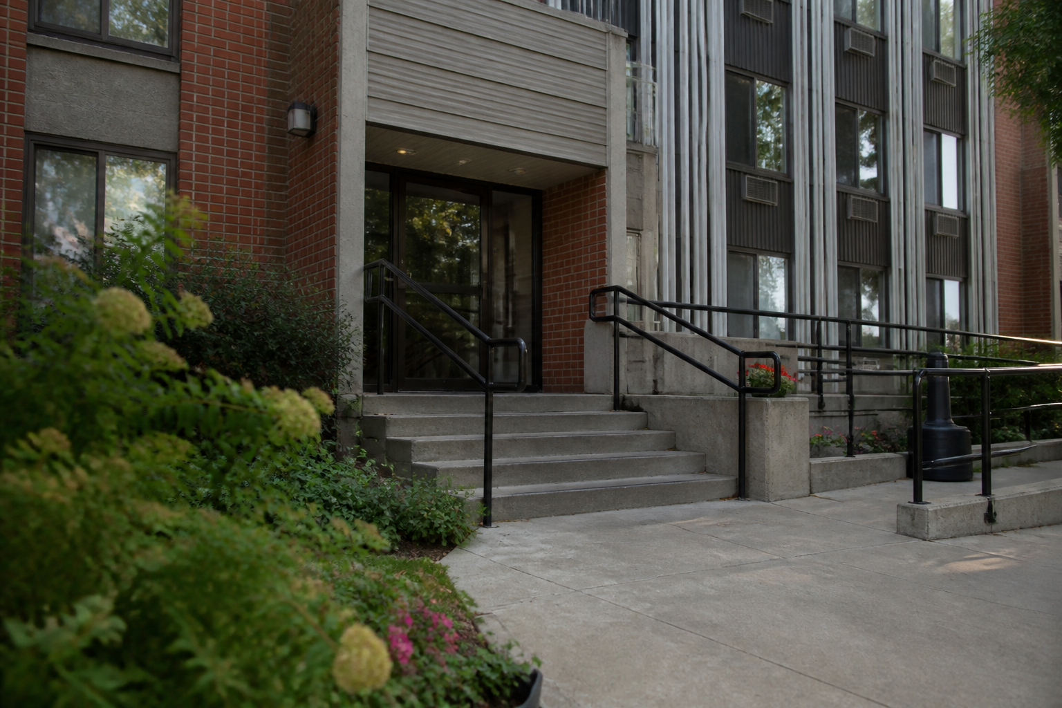 Exterior entrance of Union Manor Apartments in Lincoln, a 56-unit HUD-assisted community.