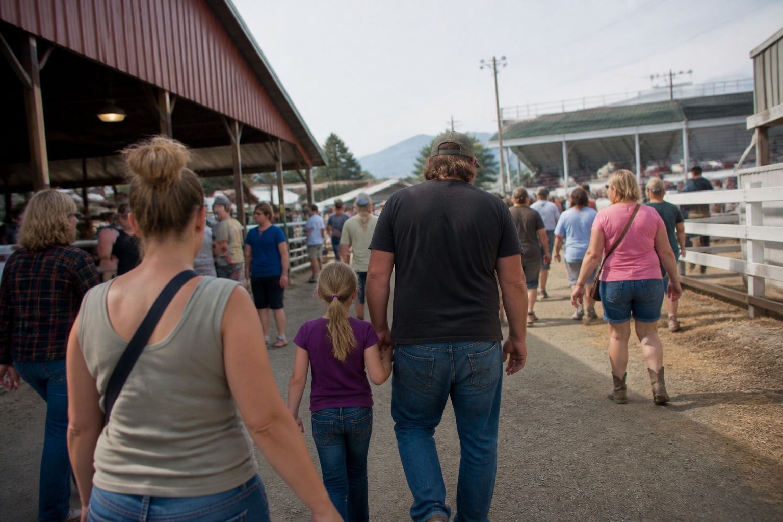Families walk between livestock barns and grandstands during the Western Montana Fair at Missoula County Fairgrounds.