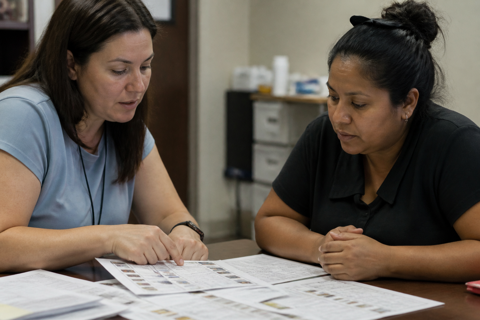 Provider’s Network advisor and bilingual childcare provider review CACFP menu paperwork to support early childhood education in Lincoln, NE.