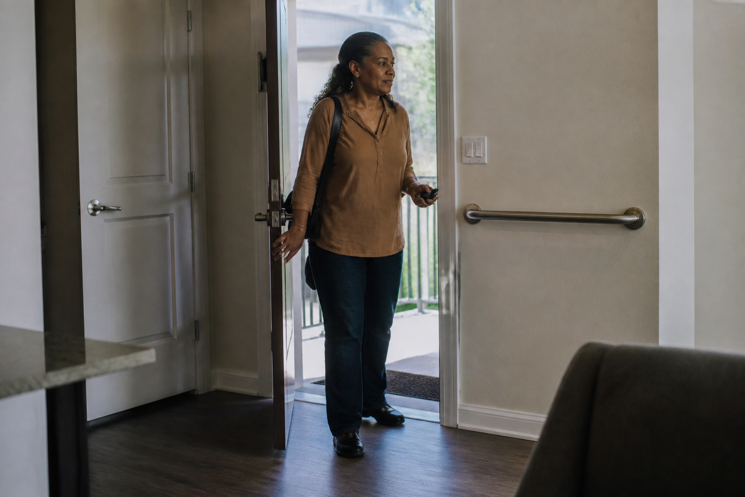 Resident enters an AHA! at Briarcliff apartment, showing accessible housing that supports economic mobility in Austin TX.