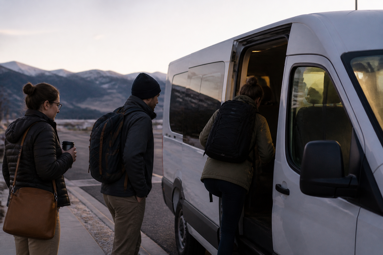 Commuters board an iRide vanpool vehicle in western Montana at dawn for a trip to Missoula.