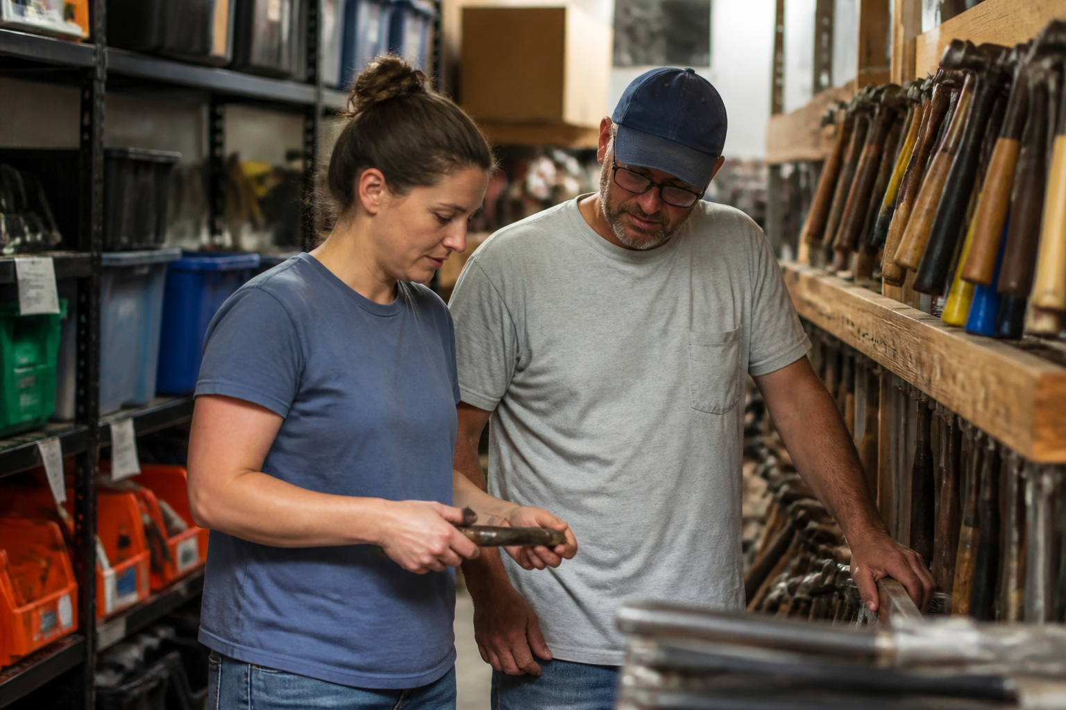 Volunteer and MUD member browse tools inside MUD’s Tool Library in Missoula, MT, showing an environmental nonprofit at work before a repair project.