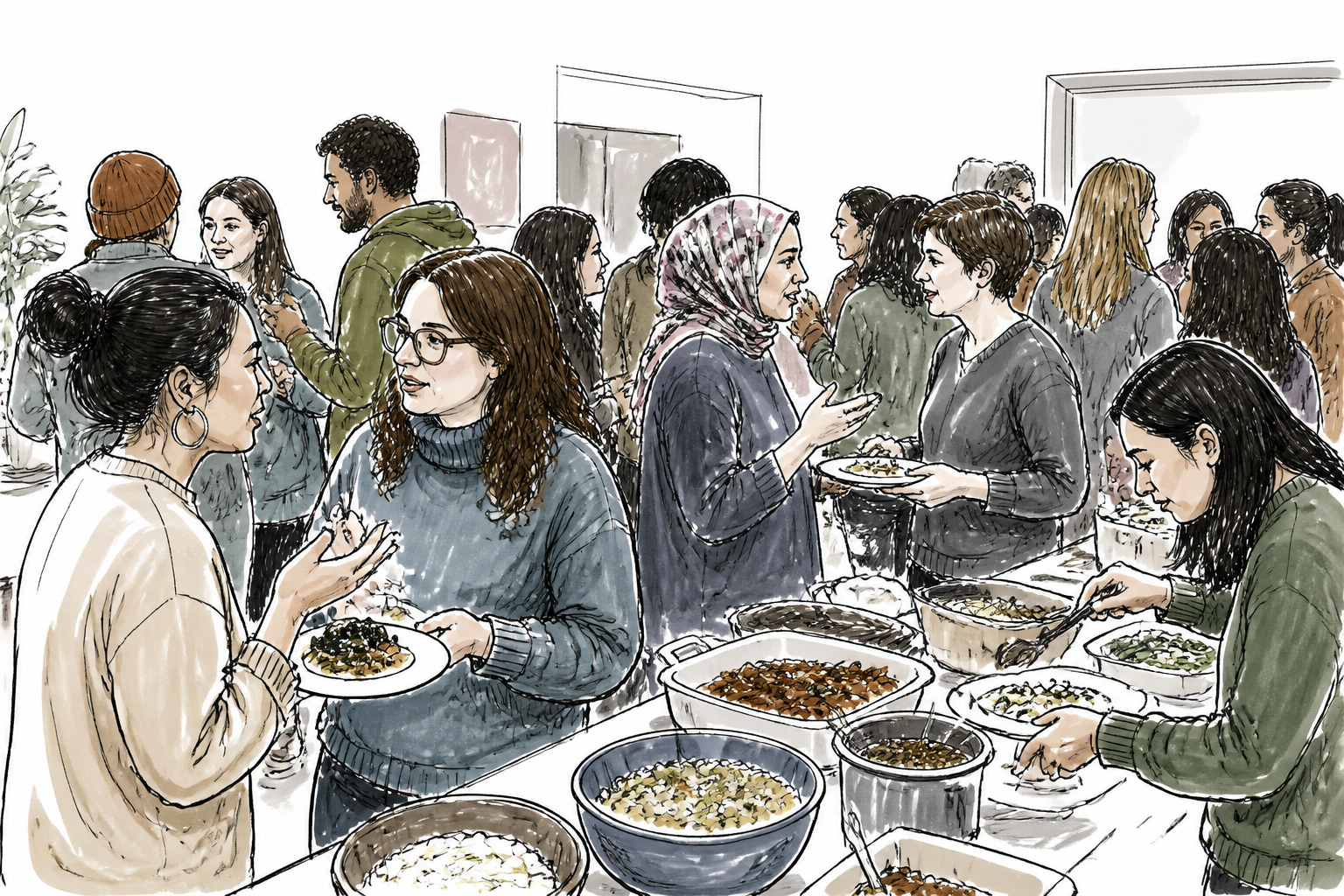 At the February Spring Potluck in Missoula, Community Friends and international students chat beside homemade dishes in a crowded room.