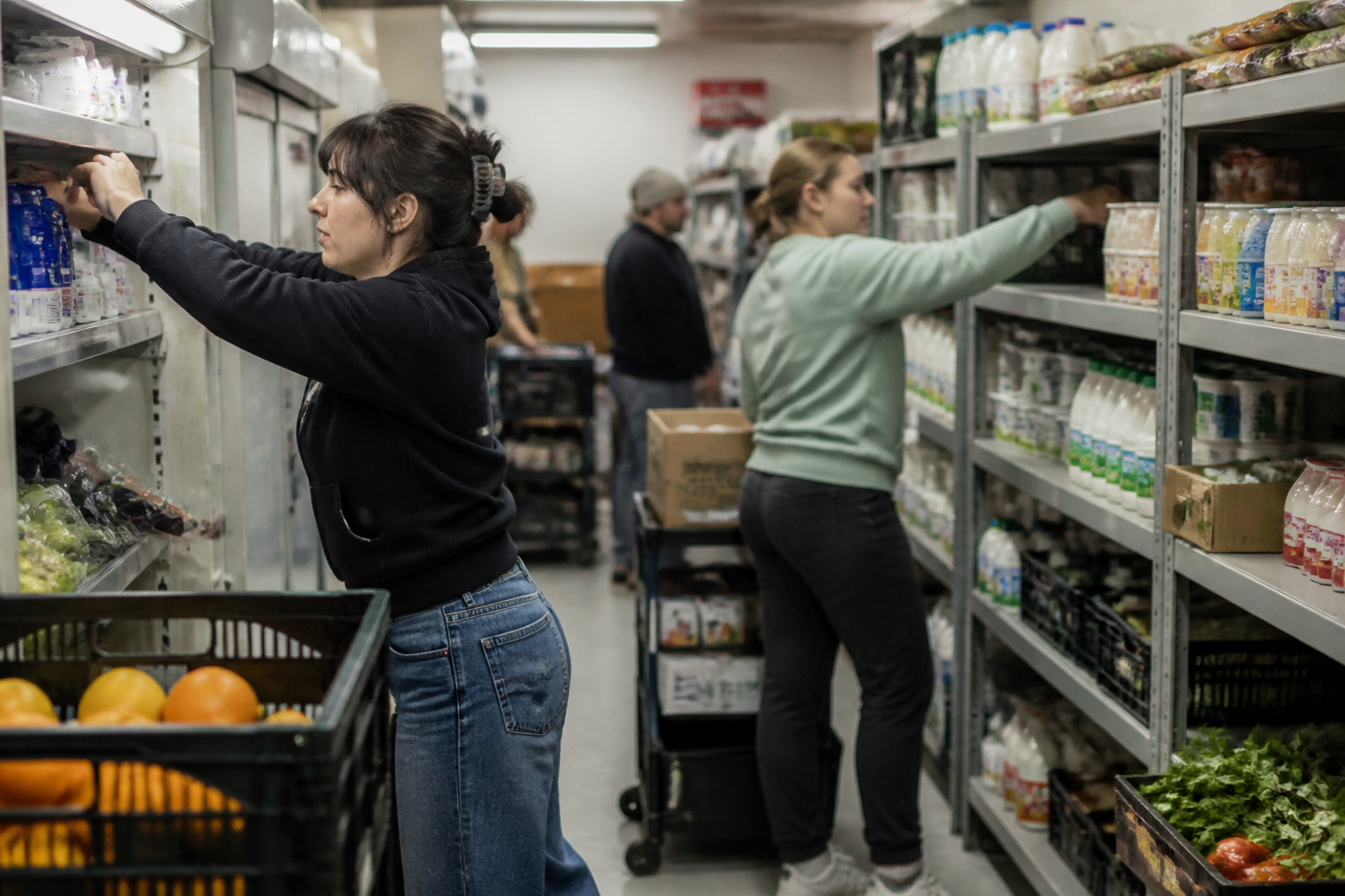 Volunteers stock shelves with food donations in Missoula, MT before opening.