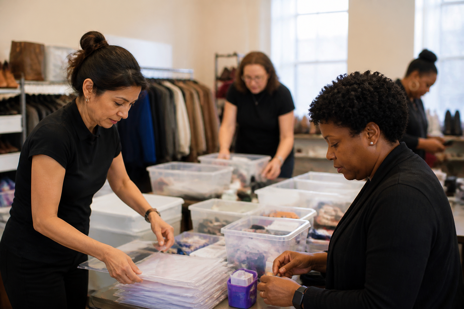 Dress for Success Dallas volunteers set up boutique and career coaching materials before clients arrive.