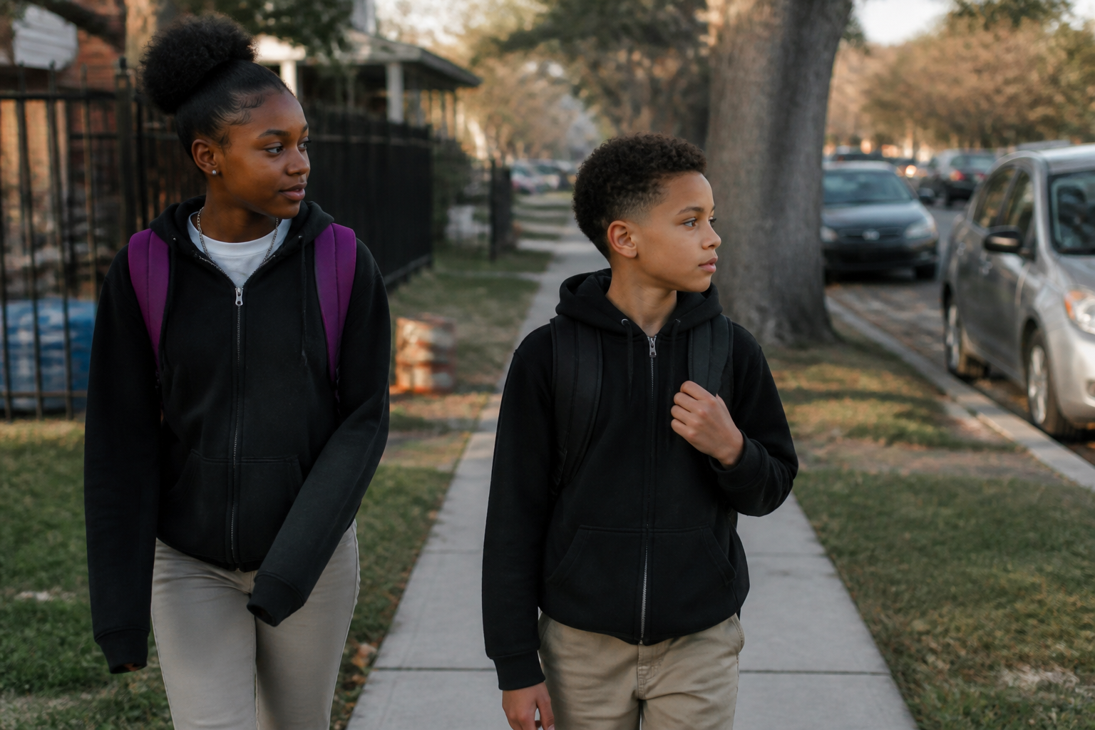 A Friend mentor walks with a child on a Houston neighborhood sidewalk after school toward an afternoon activity.